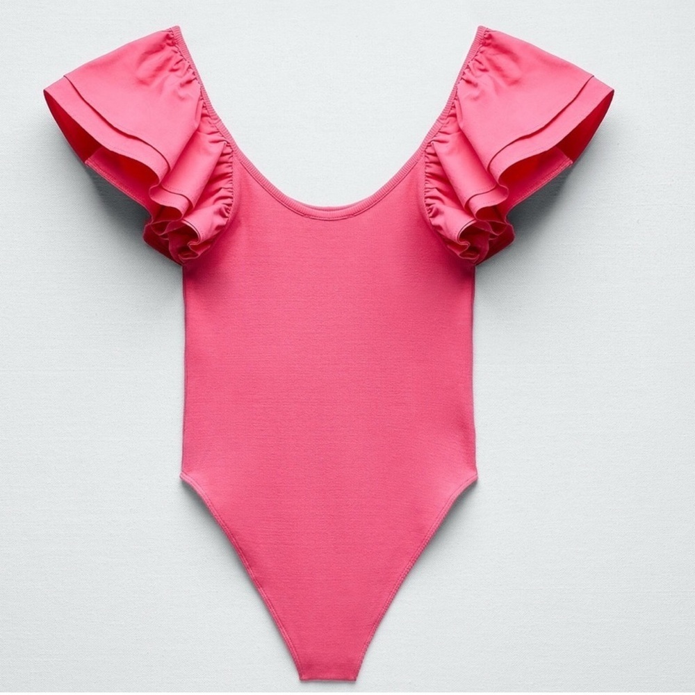 Zara Women’s Hot Pink Ribbed knit Poplin Ruffle Bodysuit Size Small - Picture 1 of 9
